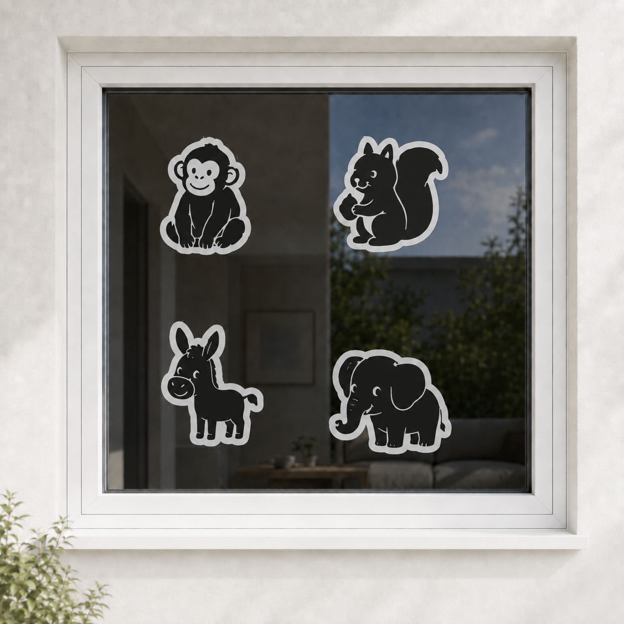 Dekorative Vogelretter-Motive auf einer Fensterscheibe