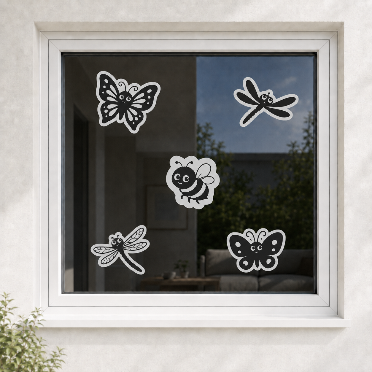 Dekorative Vogelretter-Motive auf einer Fensterscheibe