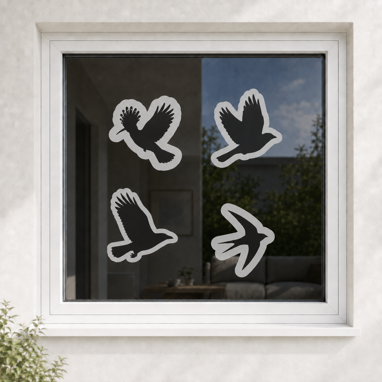 Dekorative Vogelretter-Motive auf einer Fensterscheibe